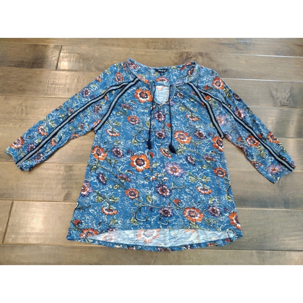 LUCKY BRAND Women's Boho blue floral 3/4 sleeve shirt top - L Large
